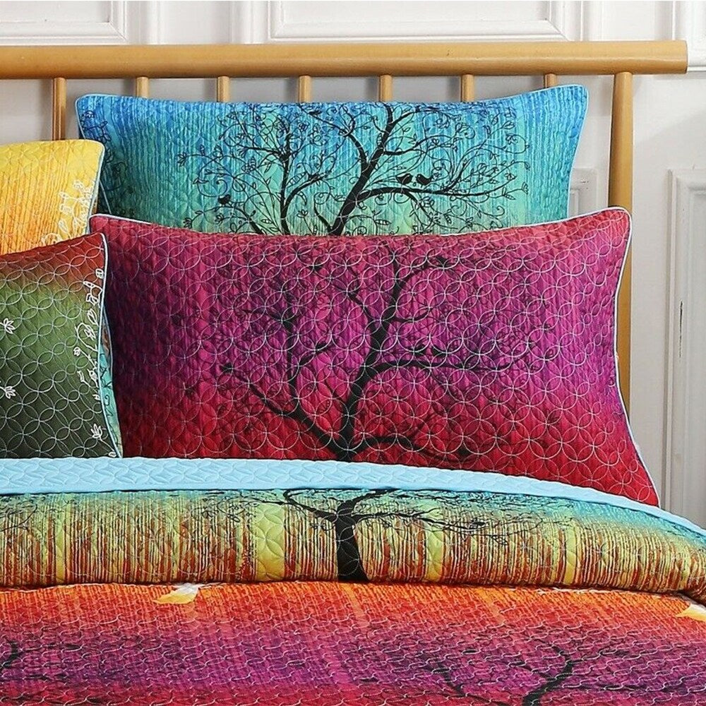 Twin Rainbow Tree Bedspread Set Quilt & Pillow Shams Green