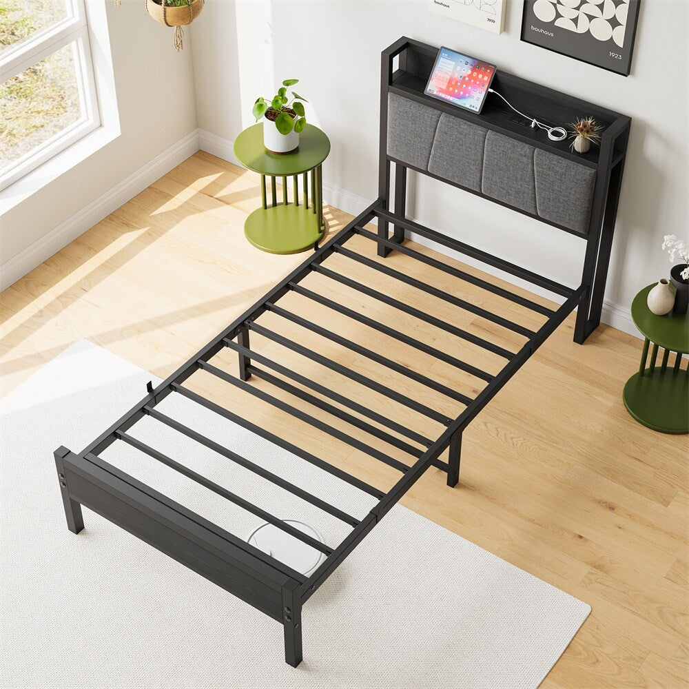 Twin Size Bed Frame, Storage Headboard with Charging Station