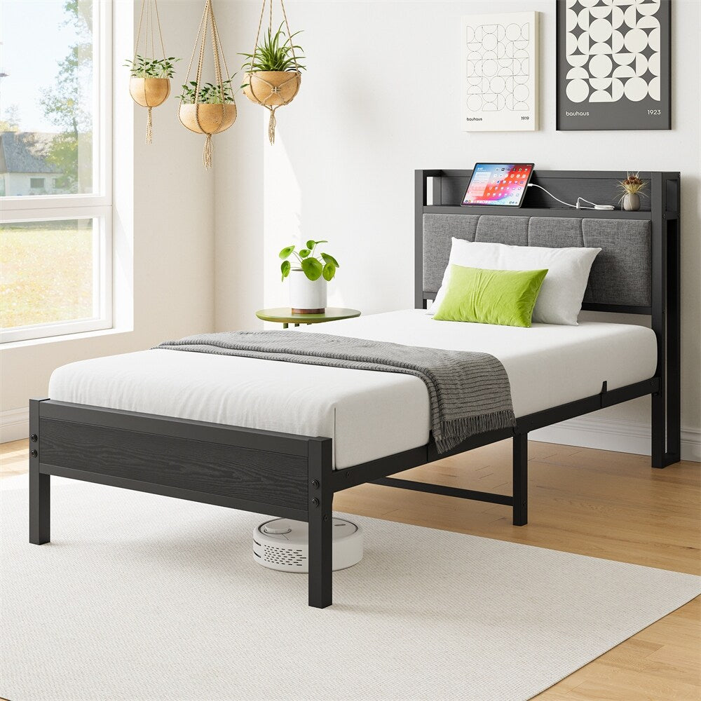 Twin Size Bed Frame, Storage Headboard with Charging Station