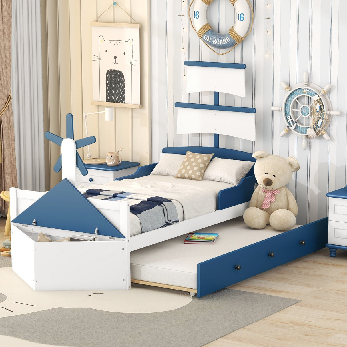 Twin Size Boat-Shaped Platform Bed with Twin size Trundle