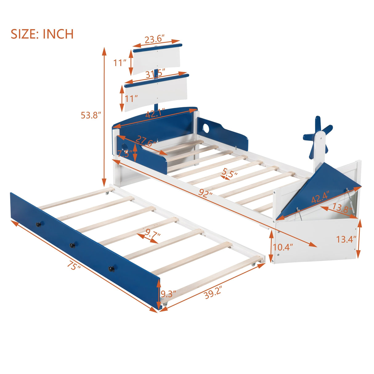 Twin Size Boat-Shaped Platform Bed with Twin size Trundle