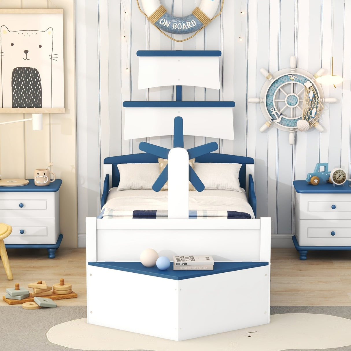 Twin Size Boat-Shaped Platform Bed with Twin size Trundle
