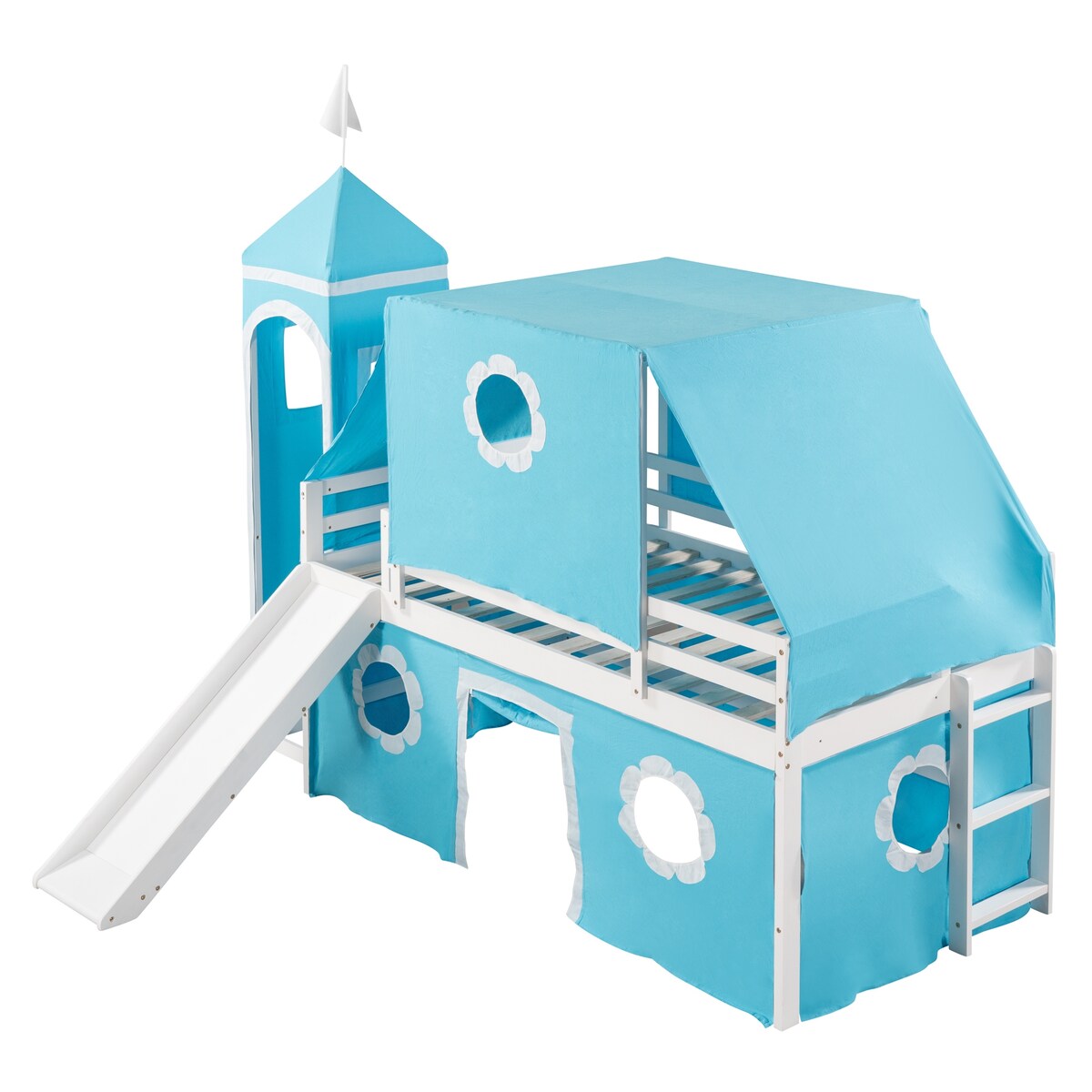 Twin Size Bunk Bed with Slide & Tent with Castle and Window Design, Spacious Under Bed Space