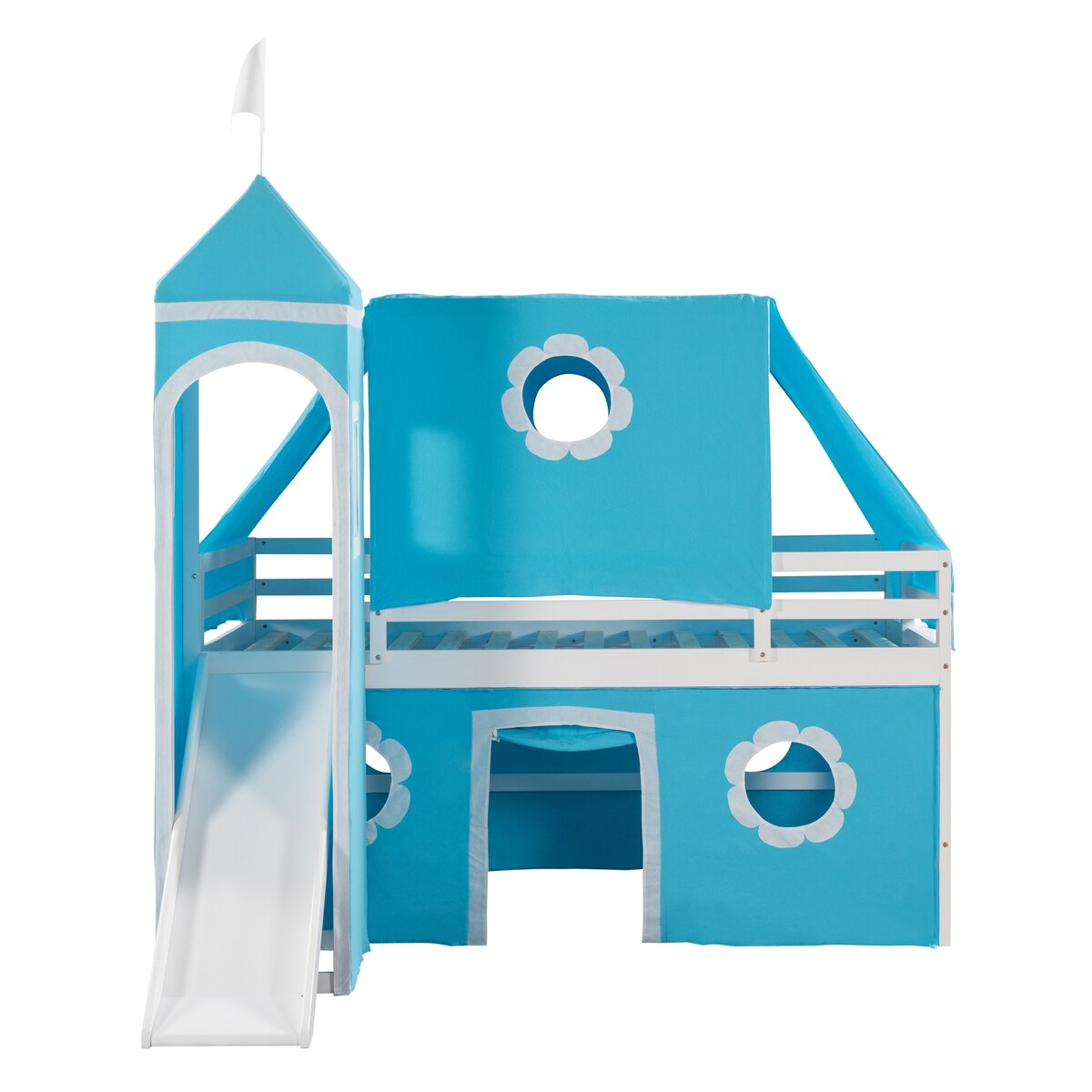 Twin Size Bunk Bed with Slide & Tent with Castle and Window Design, Spacious Under Bed Space