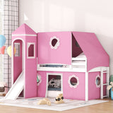 Twin Size Bunk Bed with Slide & Tent with Castle and Window Design, Spacious Under Bed Space