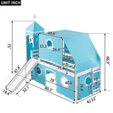 Twin Size Bunk Bed with Slide & Tent with Castle and Window Design, Spacious Under Bed Space