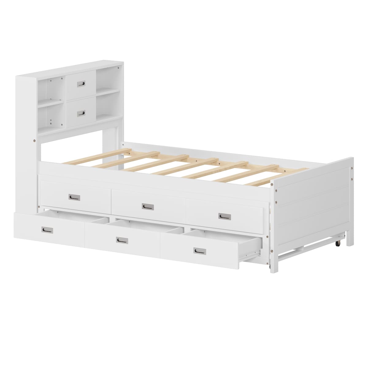 Twin Size Captain Bed with Storage Bookcase Headboard,Captain bed with Trundle and Three Storage Drawers for Kids Teens