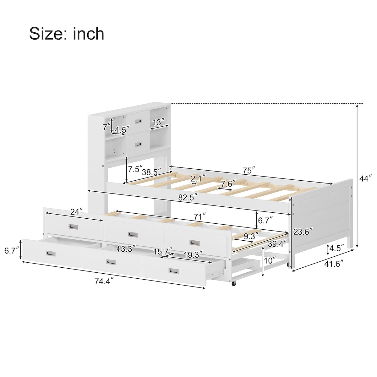 Twin Size Captain Bed with Storage Bookcase Headboard,Captain bed with Trundle and Three Storage Drawers for Kids Teens