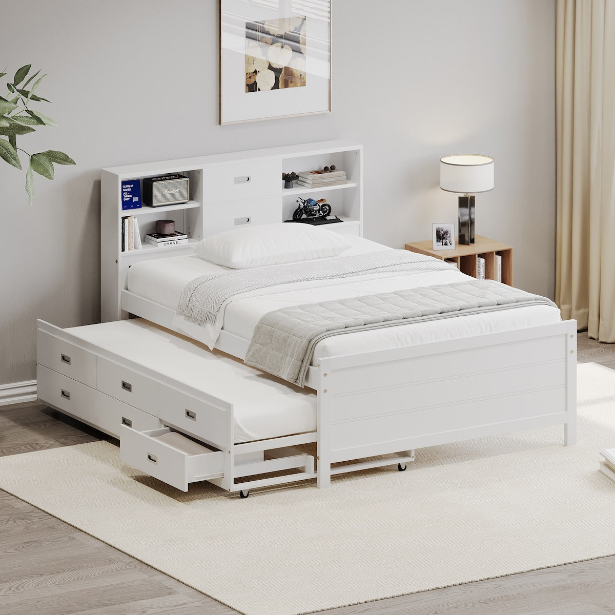 Twin Size Captain Bed with Storage Bookcase Headboard,Captain bed with Trundle and Three Storage Drawers for Kids Teens