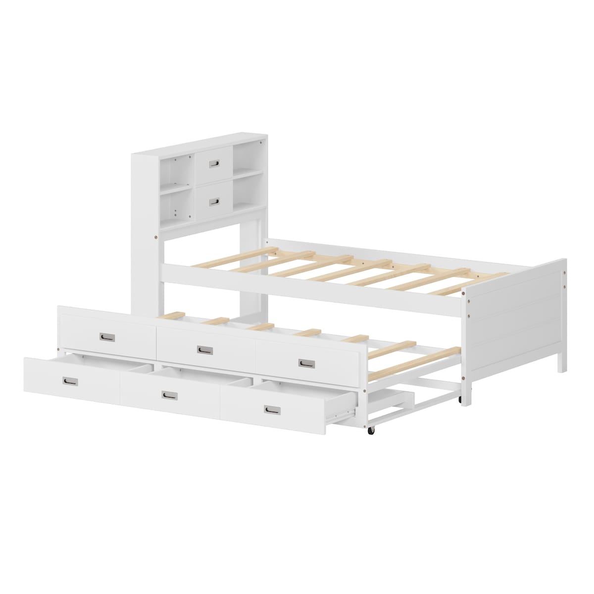 Twin Size Captain Bed with Storage Bookcase Headboard,Captain bed with Trundle and Three Storage Drawers for Kids Teens