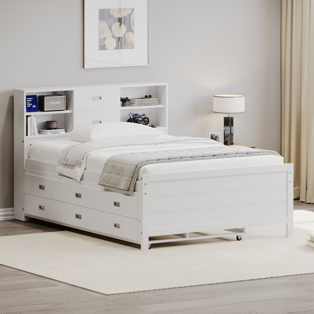 Twin Size Captain Bed with Storage Bookcase Headboard,Captain bed with Trundle and Three Storage Drawers for Kids Teens