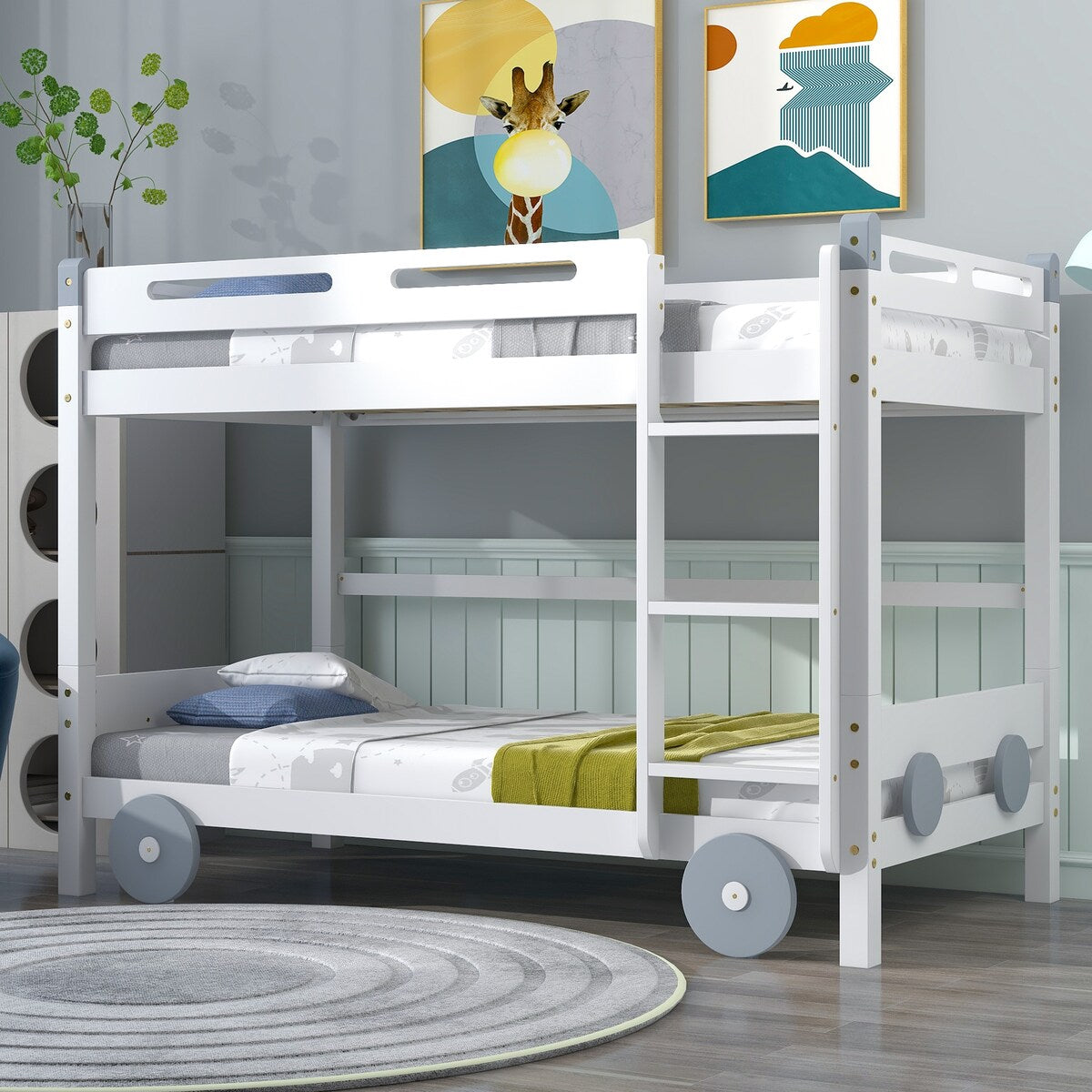 Twin Size Car-Shaped Convertible Bunk Bed, Natural