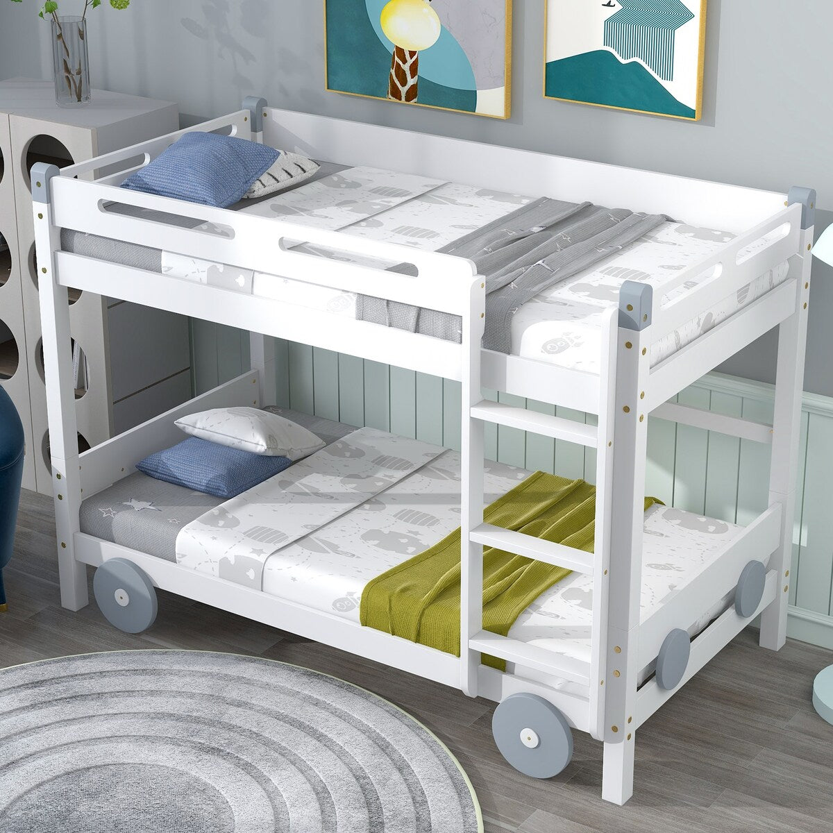Twin Size Car-Shaped Convertible Bunk Bed, Natural