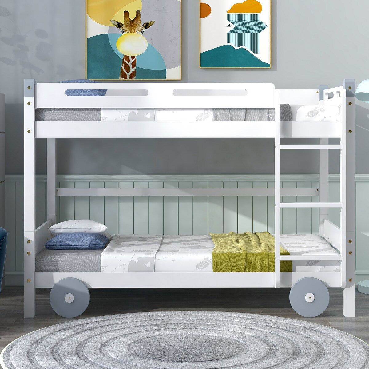 Twin Size Car-Shaped Convertible Bunk Bed, Natural