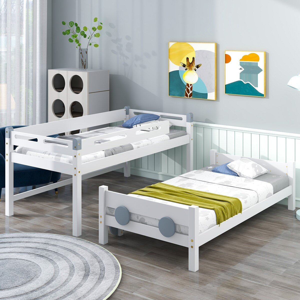 Twin Size Car-Shaped Convertible Bunk Bed, Natural
