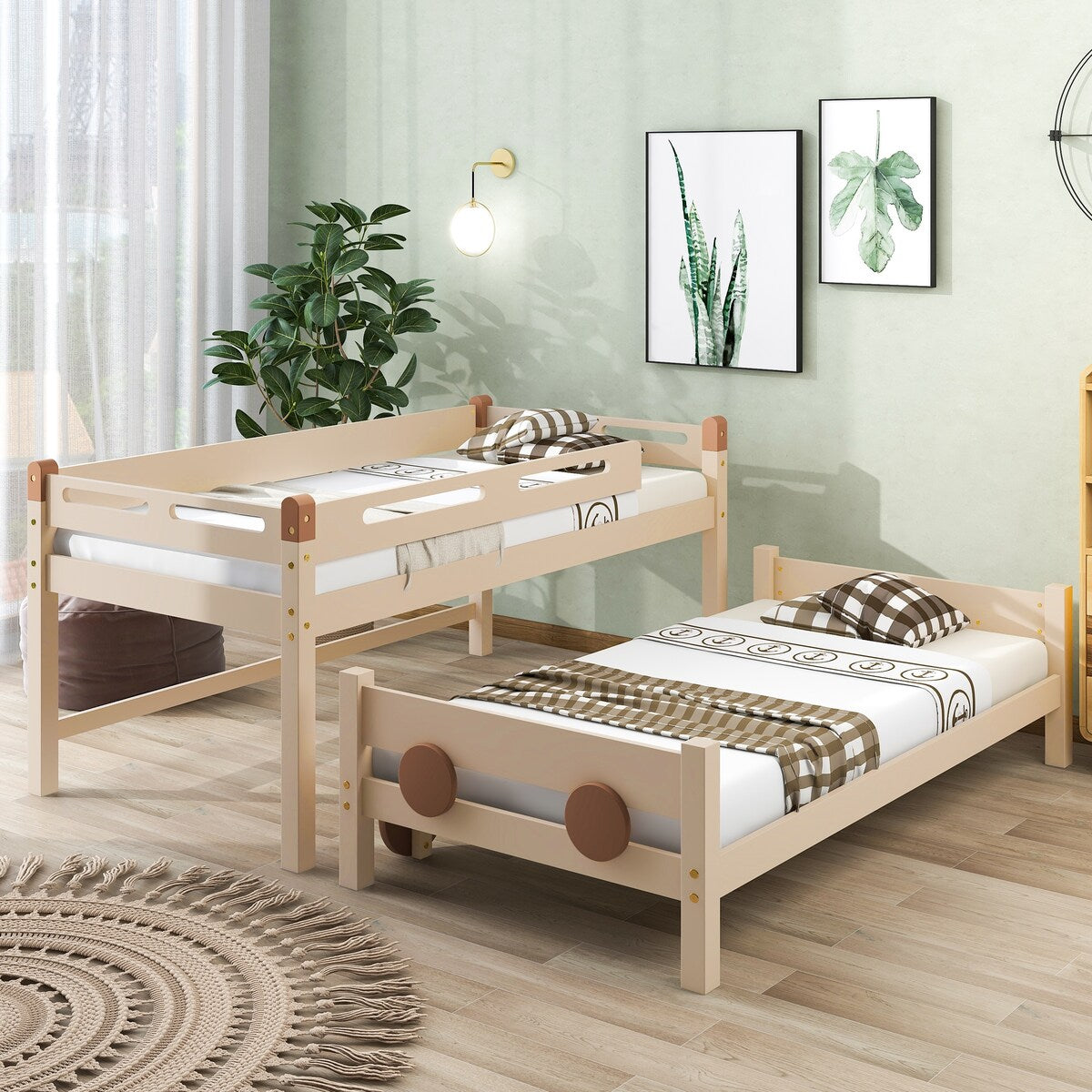 Twin Size Car-Shaped Convertible Bunk Bed, Natural