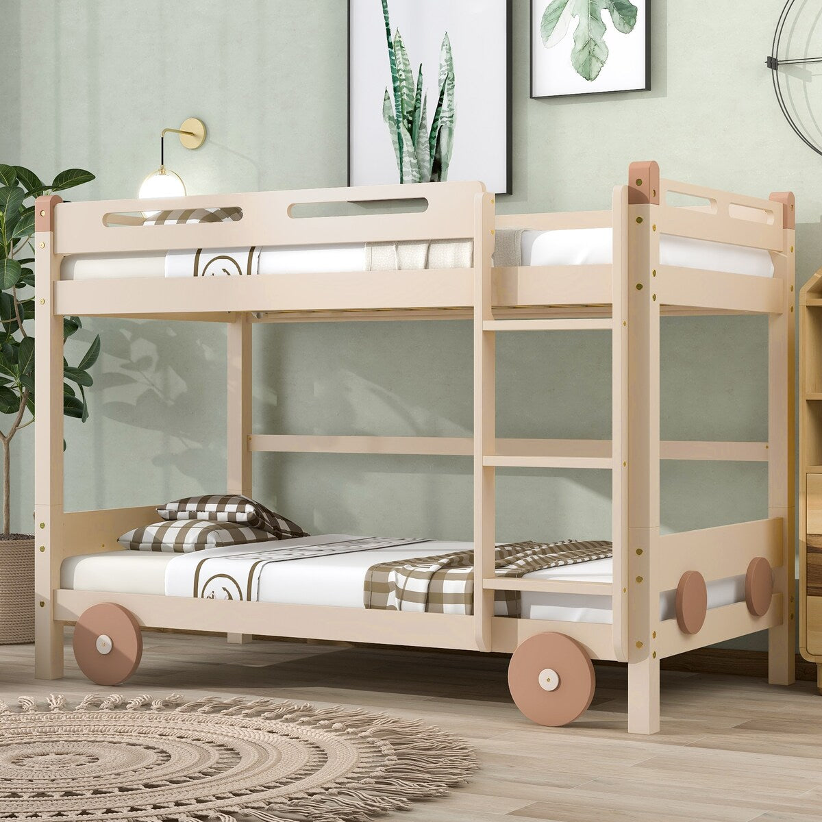 Twin Size Car-Shaped Convertible Bunk Bed, Natural
