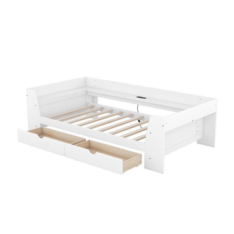 Twin Size Daybed Kids Bed with Shelves, Drawers and Built-In Charging Station Two USB ports Kids Furniture, White
