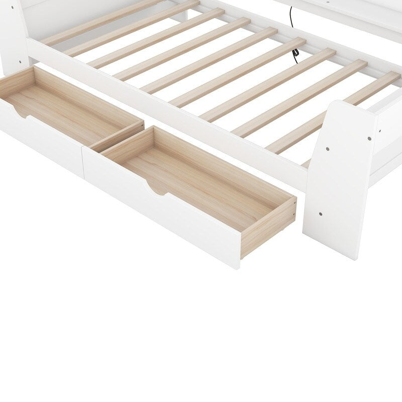 Twin Size Daybed Kids Bed with Shelves, Drawers and Built-In Charging Station Two USB ports Kids Furniture, White