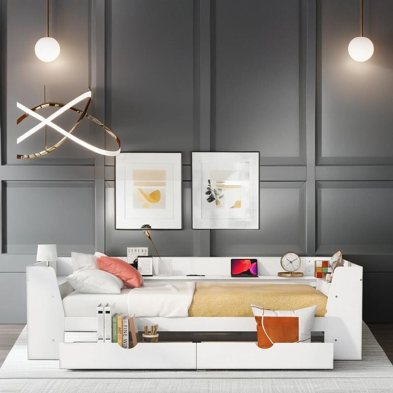 Twin Size Daybed Kids Bed with Shelves, Drawers and Built-In Charging Station Two USB ports Kids Furniture, White