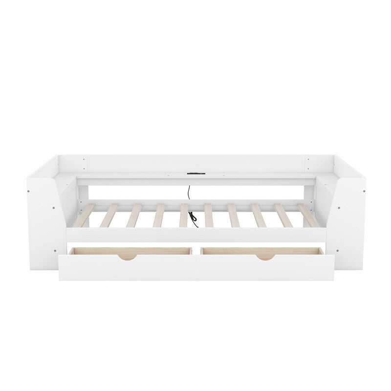 Twin Size Daybed Kids Bed with Shelves, Drawers and Built-In Charging Station Two USB ports Kids Furniture, White