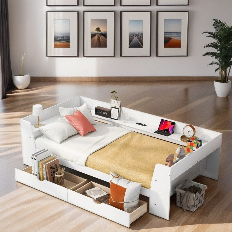 Twin Size Daybed Kids Bed with Shelves, Drawers and Built-In Charging Station Two USB ports Kids Furniture, White