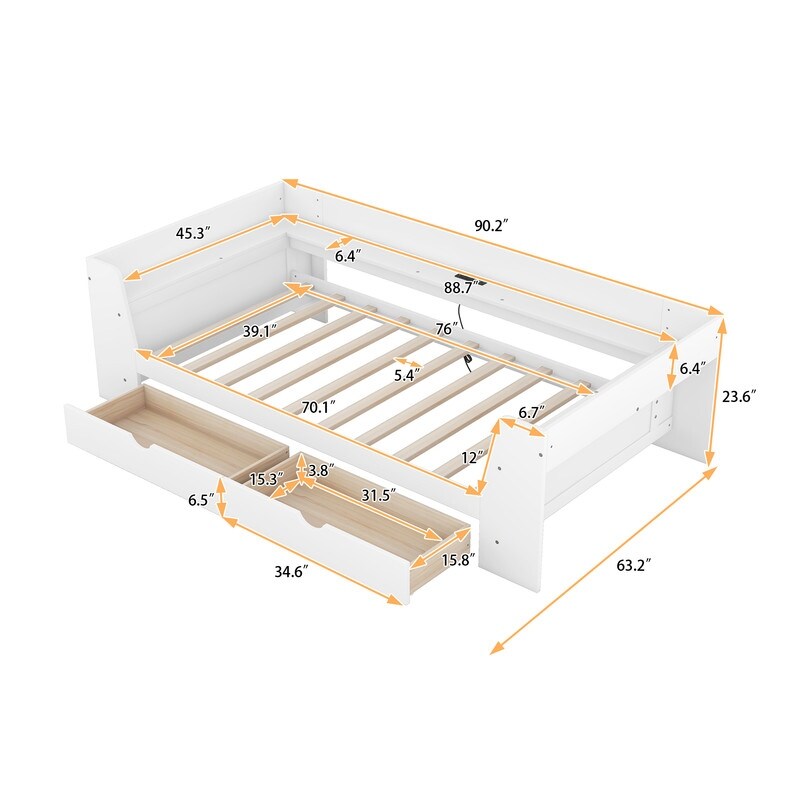 Twin Size Daybed Kids Bed with Shelves, Drawers and Built-In Charging Station Two USB ports Kids Furniture, White