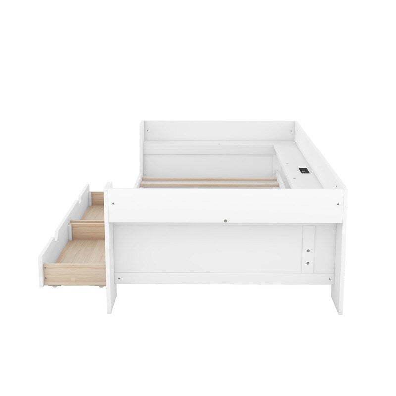 Twin Size Daybed Kids Bed with Shelves, Drawers and Built-In Charging Station Two USB ports Kids Furniture, White
