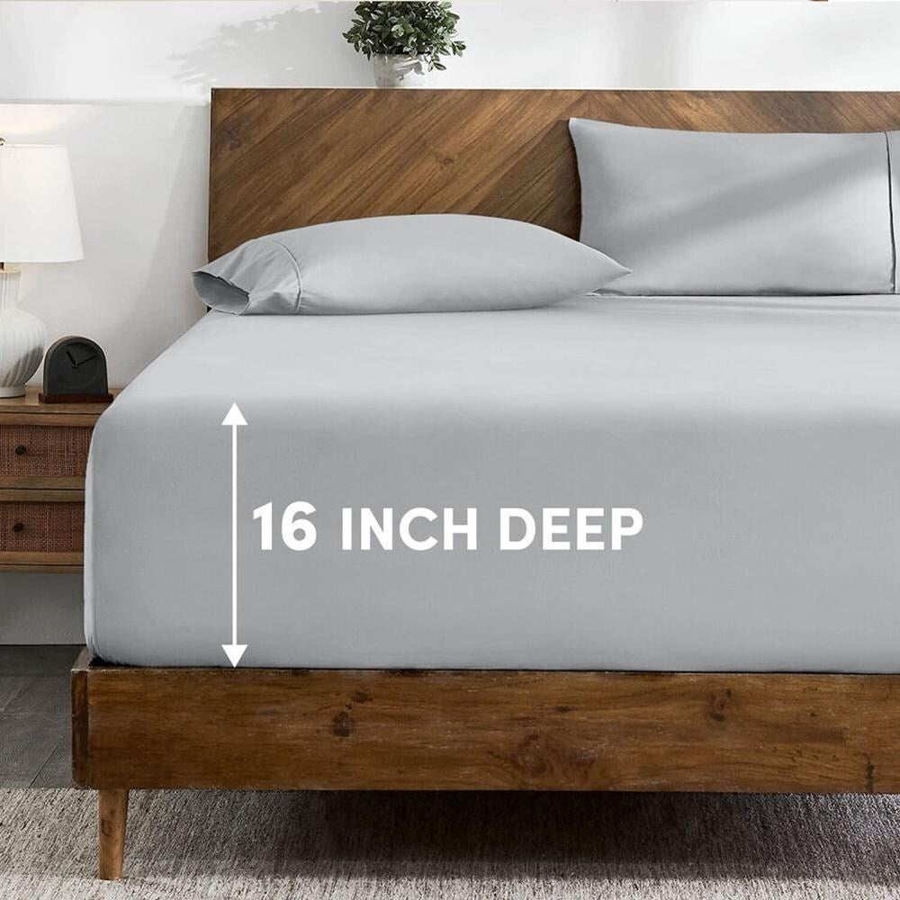 Twin Size Fitted Sheet 16" Deep Pocket Elastic Bed Sheets Silver