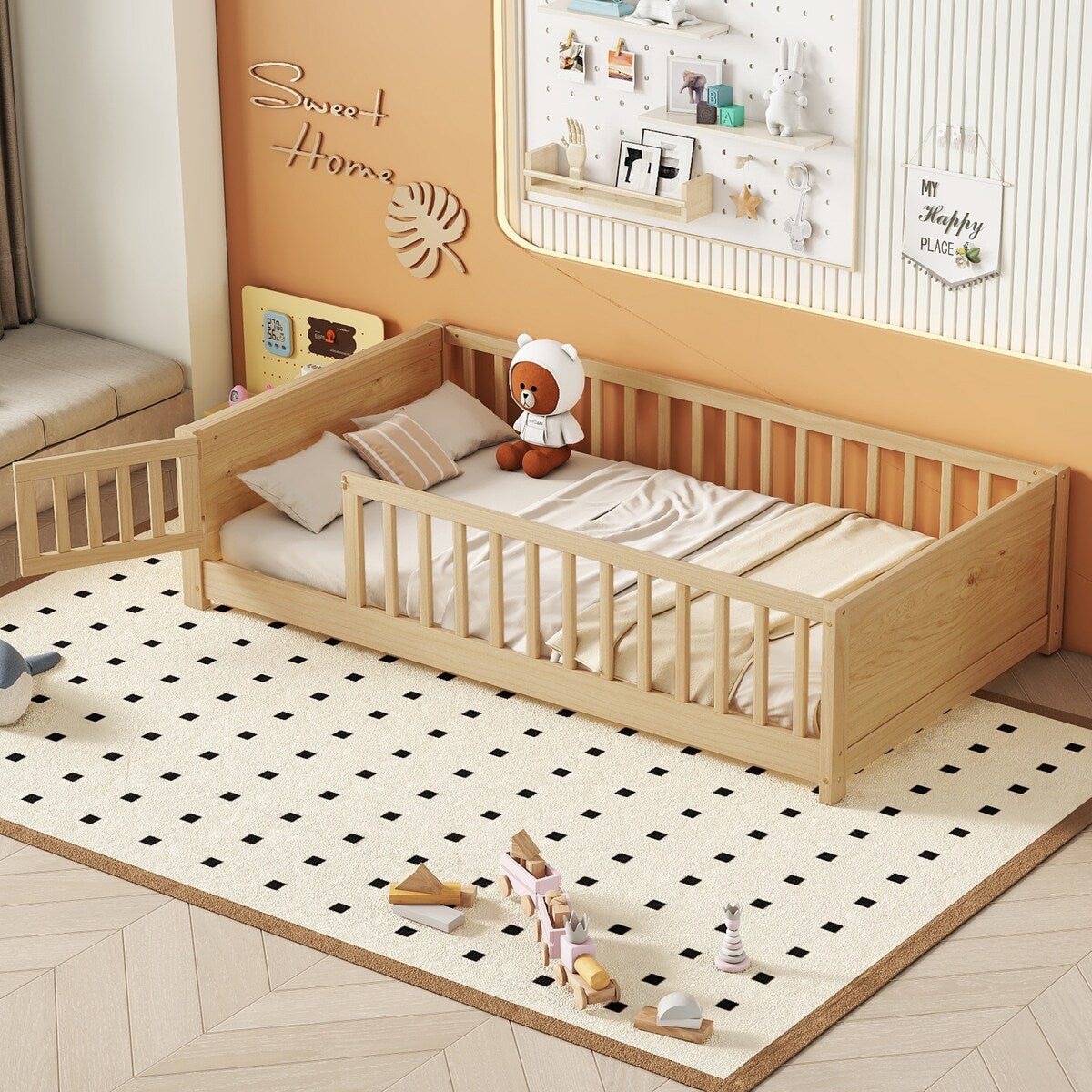Twin Size Floor Bed with Safety Guardrails Door and Slats Toddler Fl Overstock