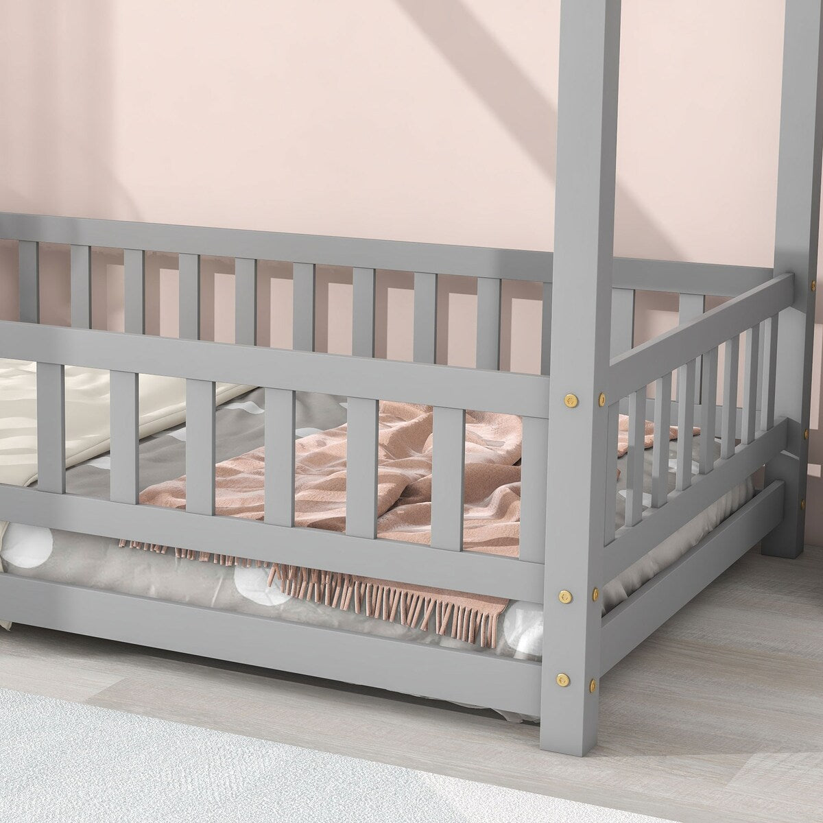 Twin Size Floor Solid Wooden Bed with House Roof Frame and Fence Guardrails - Adorable Style for Toddler's and Kids' Bedroom
