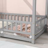 Twin Size Floor Solid Wooden Bed with House Roof Frame and Fence Guardrails - Adorable Style for Toddler's and Kids' Bedroom