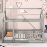Twin Size Floor Solid Wooden Bed with House Roof Frame and Fence Guardrails - Adorable Style for Toddler's and Kids' Bedroom
