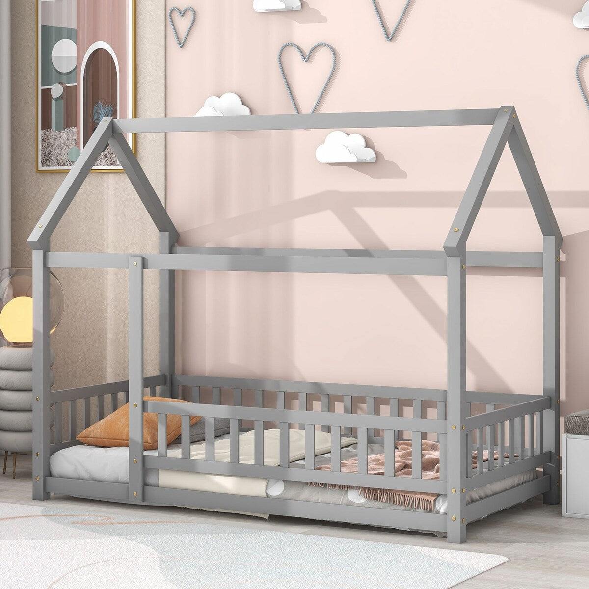 Twin Size Floor Solid Wooden Bed with House Roof Frame and Fence Guardrails - Adorable Style for Toddler's and Kids' Bedroom