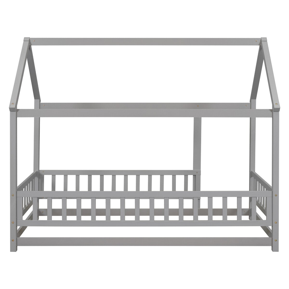 Twin Size Floor Solid Wooden Bed with House Roof Frame and Fence Guardrails - Adorable Style for Toddler's and Kids' Bedroom