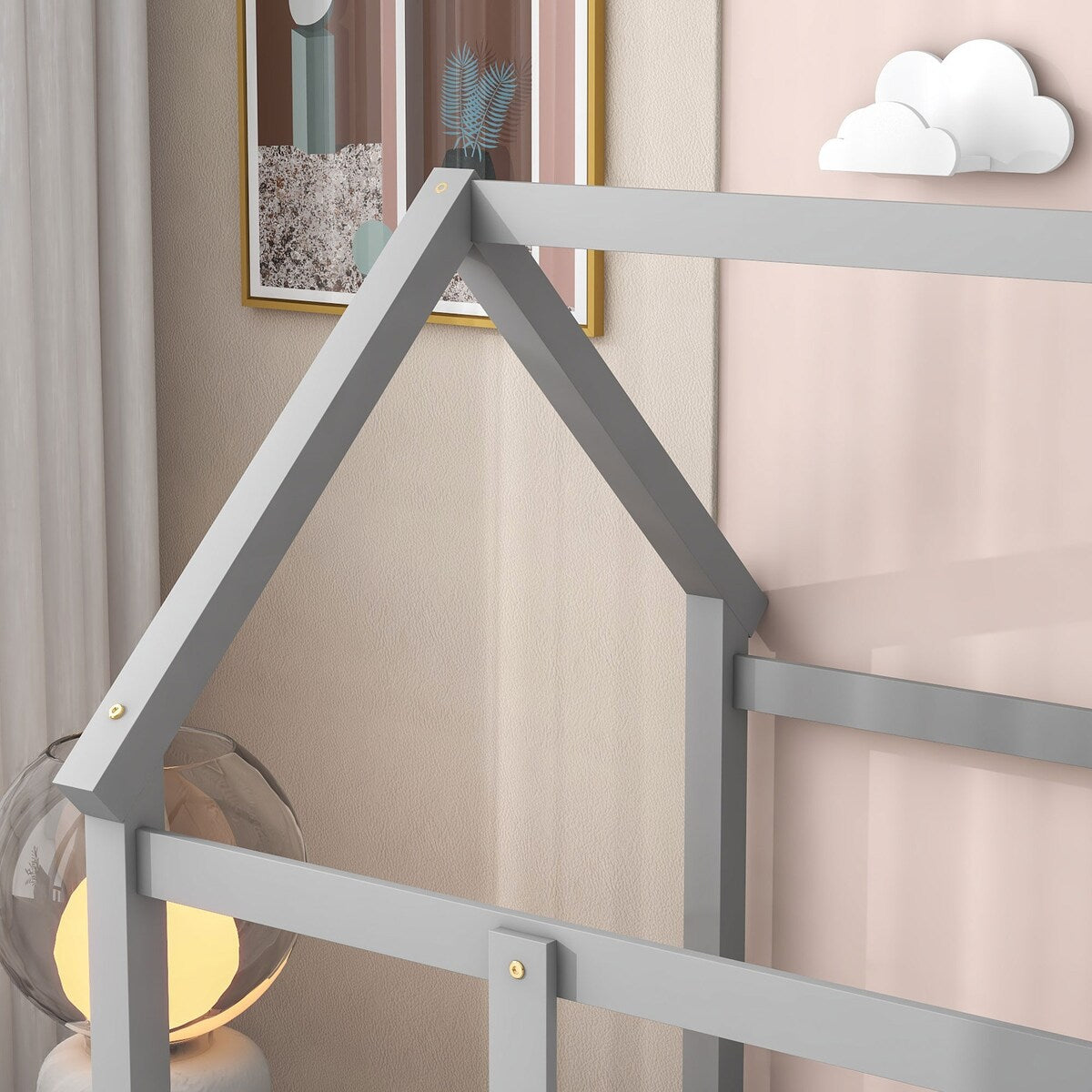 Twin Size Floor Solid Wooden Bed with House Roof Frame and Fence Guardrails - Adorable Style for Toddler's and Kids' Bedroom