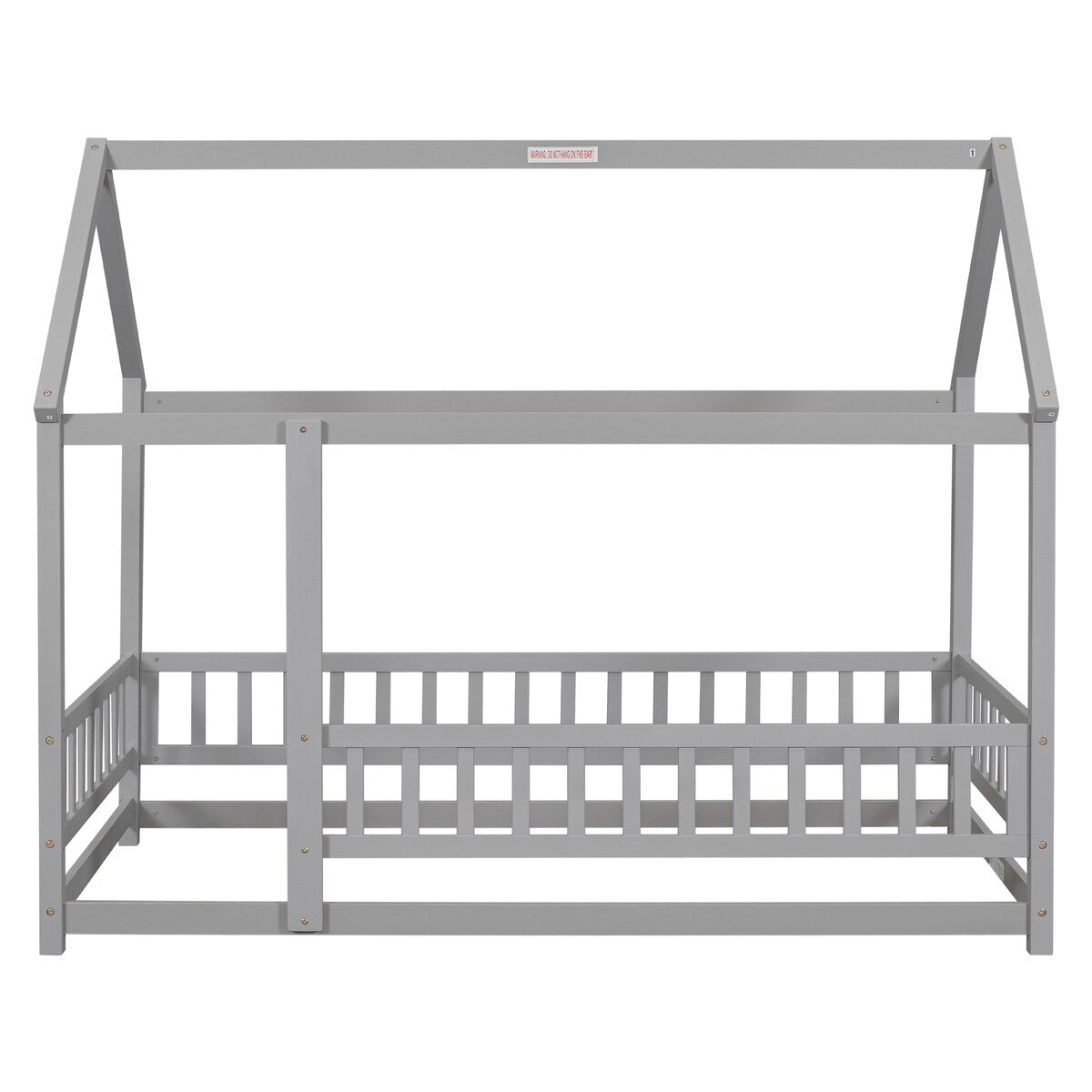 Twin Size Floor Solid Wooden Bed with House Roof Frame and Fence Guardrails - Adorable Style for Toddler's and Kids' Bedroom