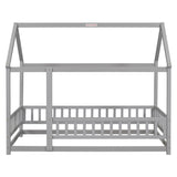 Twin Size Floor Solid Wooden Bed with House Roof Frame and Fence Guardrails - Adorable Style for Toddler's and Kids' Bedroom