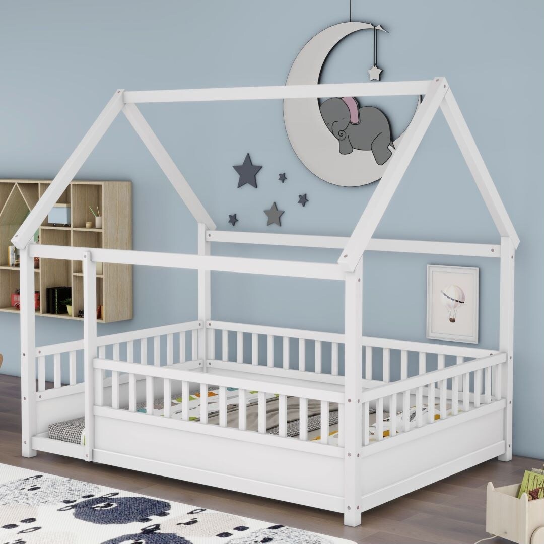 Twin Size Floor Wooden Bed with House Roof Frame Fence Guardrails