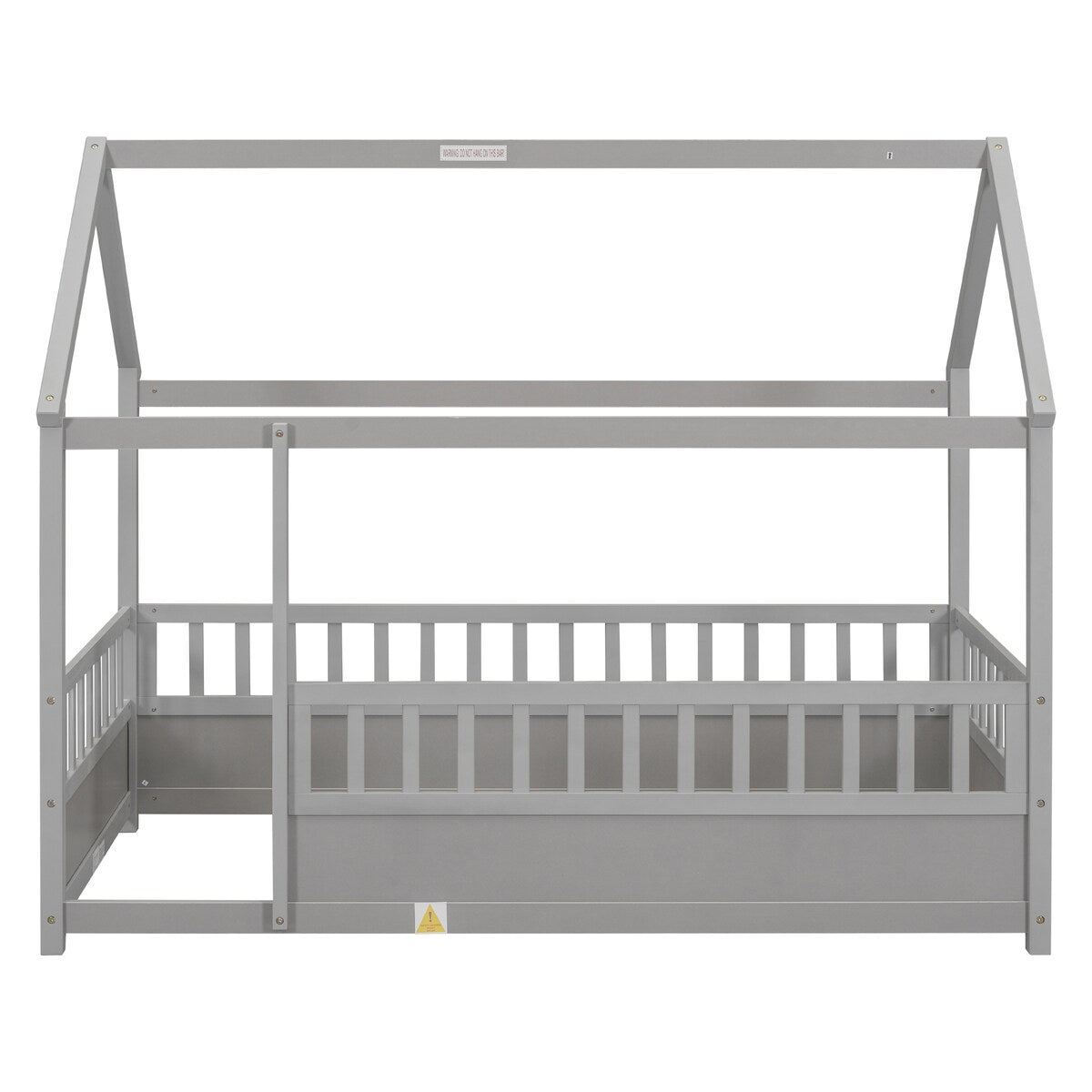 Twin Size Floor Wooden Bed with House Roof Frame Fence Guardrails