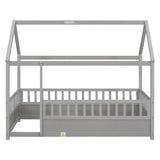 Twin Size Floor Wooden Bed with House Roof Frame Fence Guardrails