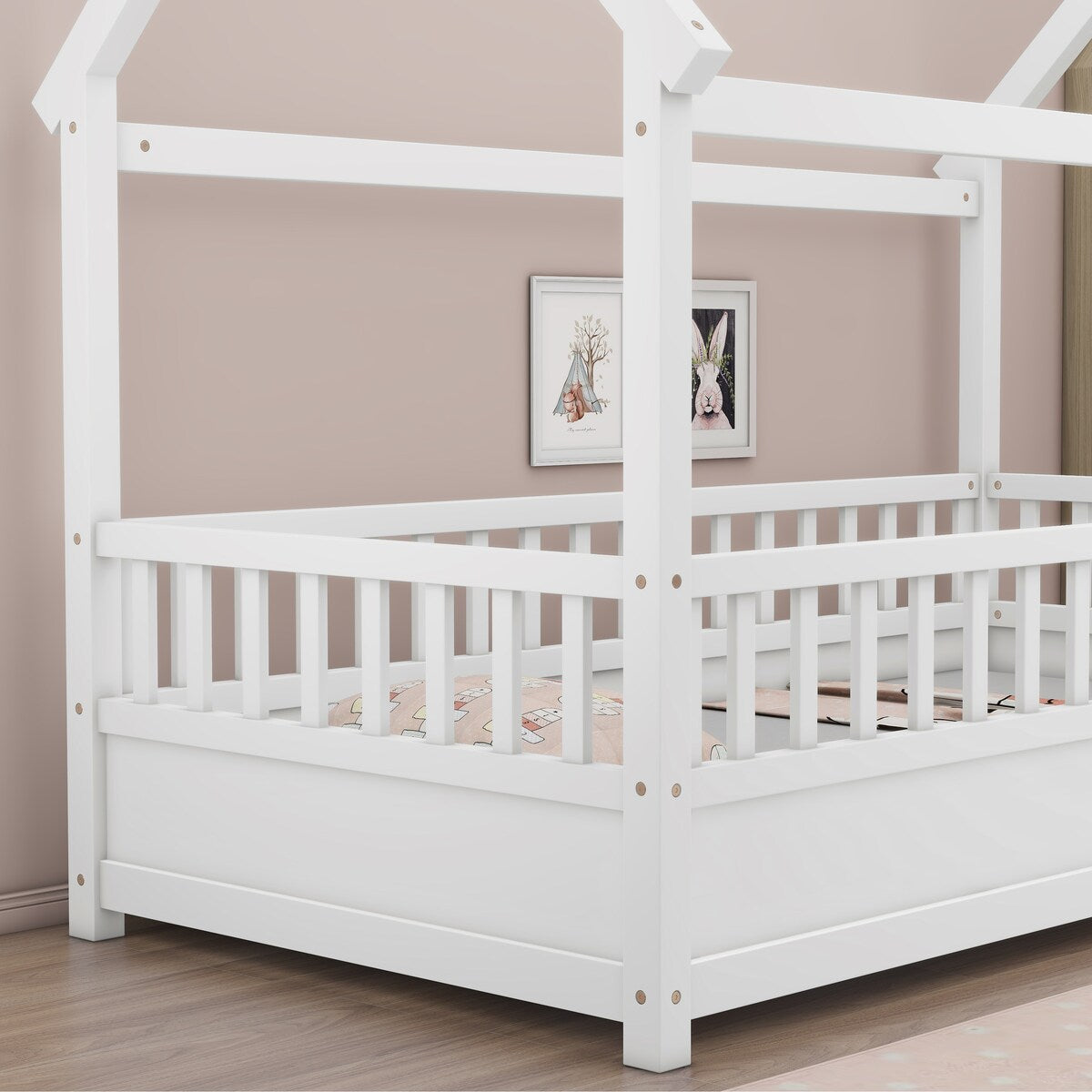 Twin Size Floor Wooden Bed with House Roof Frame Fence Guardrails