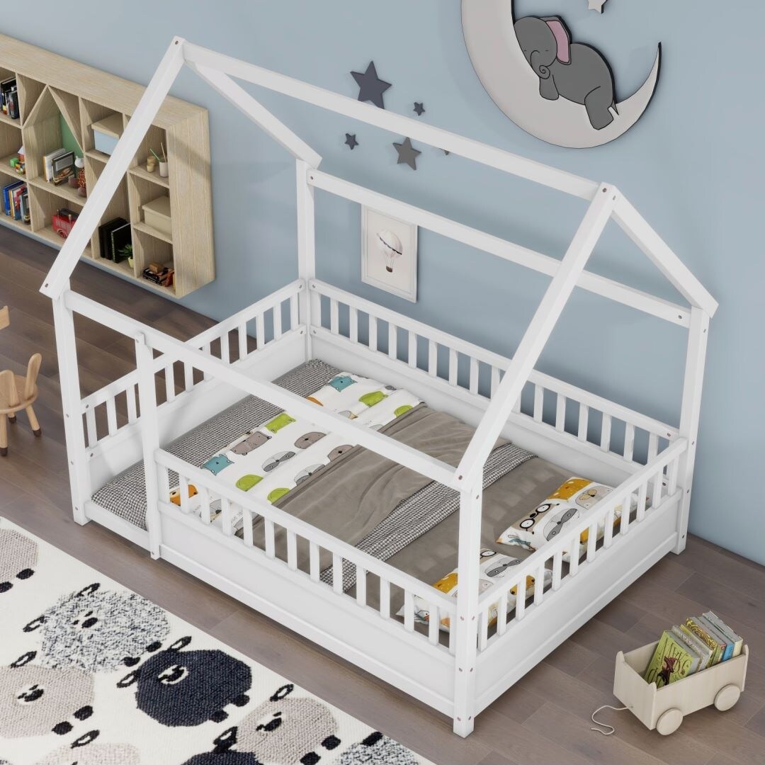 Twin Size Floor Wooden Bed with House Roof Frame Fence Guardrails