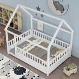 Twin Size Floor Wooden Bed with House Roof Frame Fence Guardrails