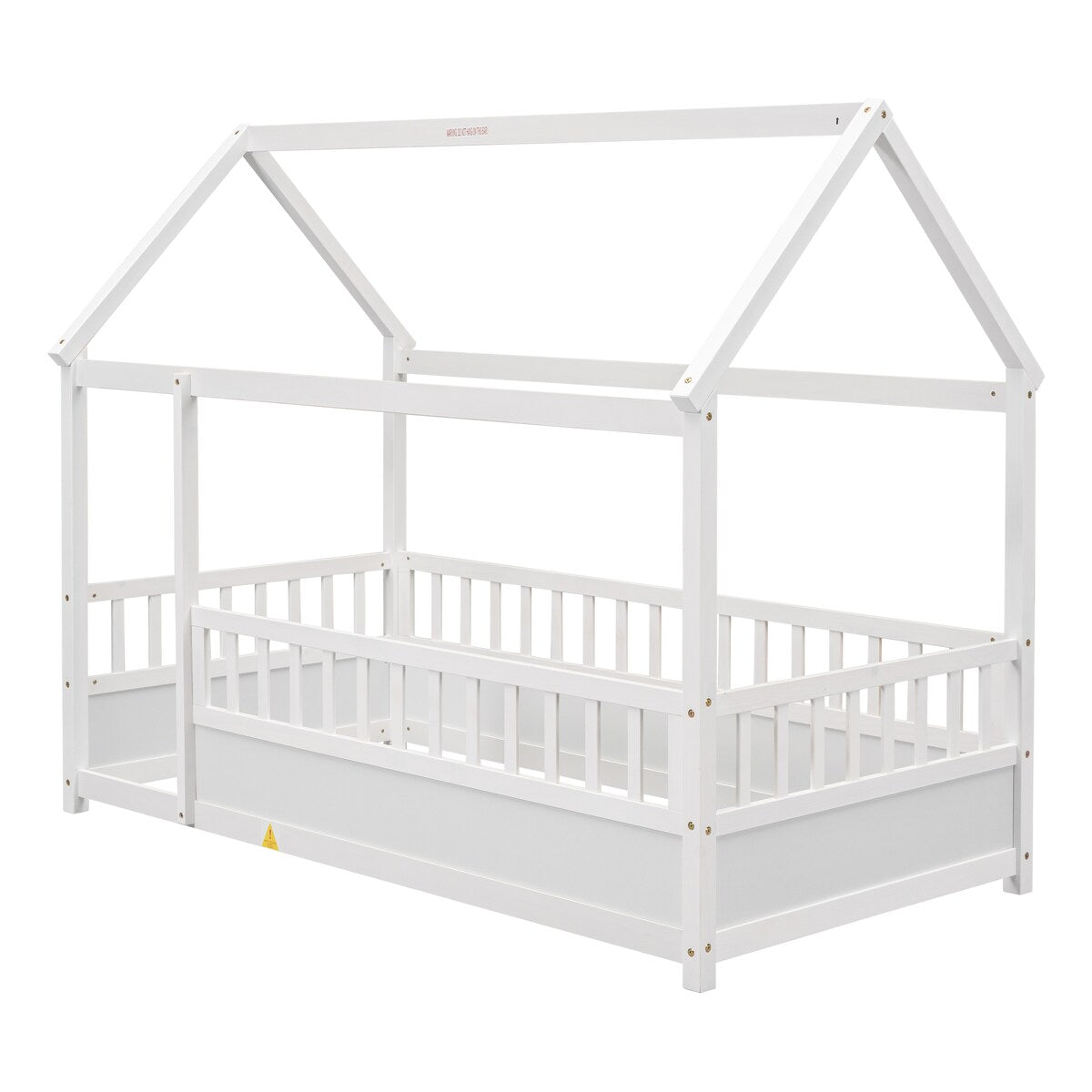 Twin Size Floor Wooden Bed with House Roof Frame Fence Guardrails
