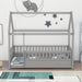 Twin Size Floor Wooden Bed with House Roof Frame Fence Guardrails