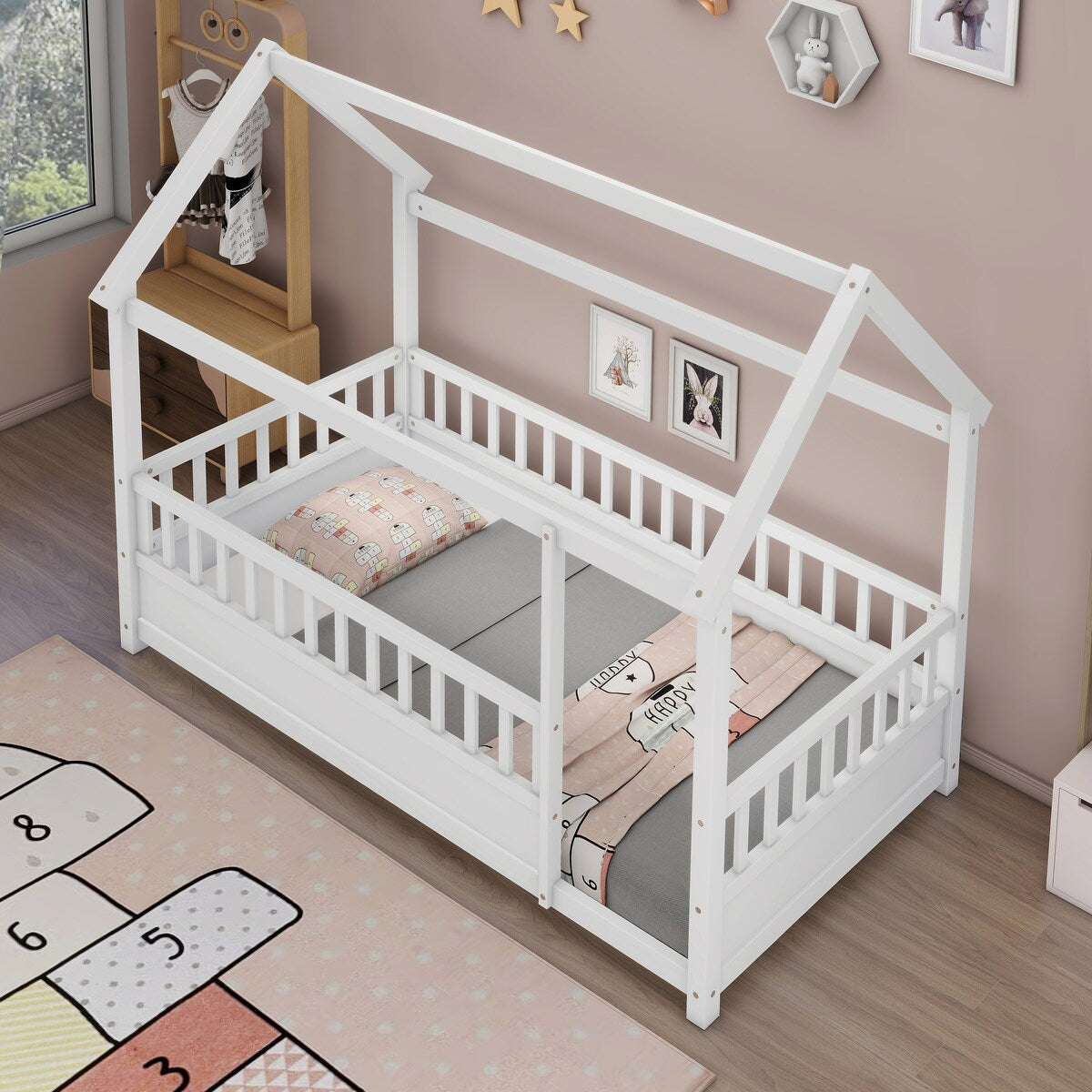 Twin Size Floor Wooden Bed with House Roof Frame Fence Guardrails