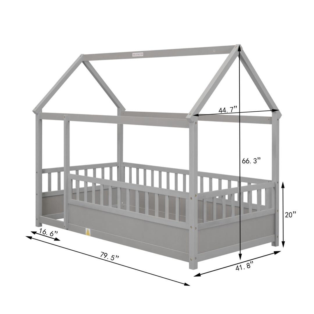 Twin Size Floor Wooden Bed with House Roof Frame Fence Guardrails