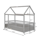 Twin Size Floor Wooden Bed with House Roof Frame Fence Guardrails