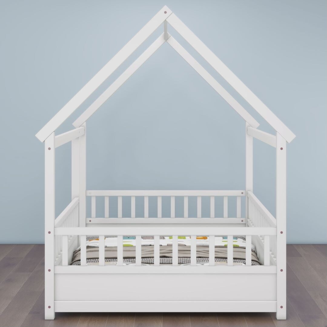 Twin Size Floor Wooden Bed with House Roof Frame Fence Guardrails